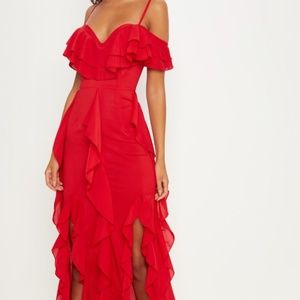 Red Cold Shoulder Ruffle Detail Maxi Dress